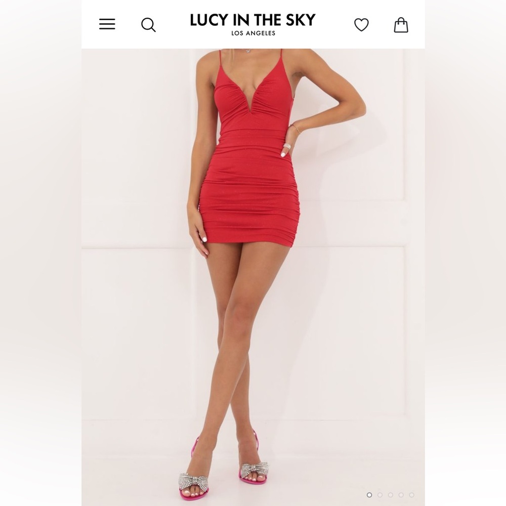 Lucy in the Sky Savannah Glitter Ruched Bodycon Dress in Red